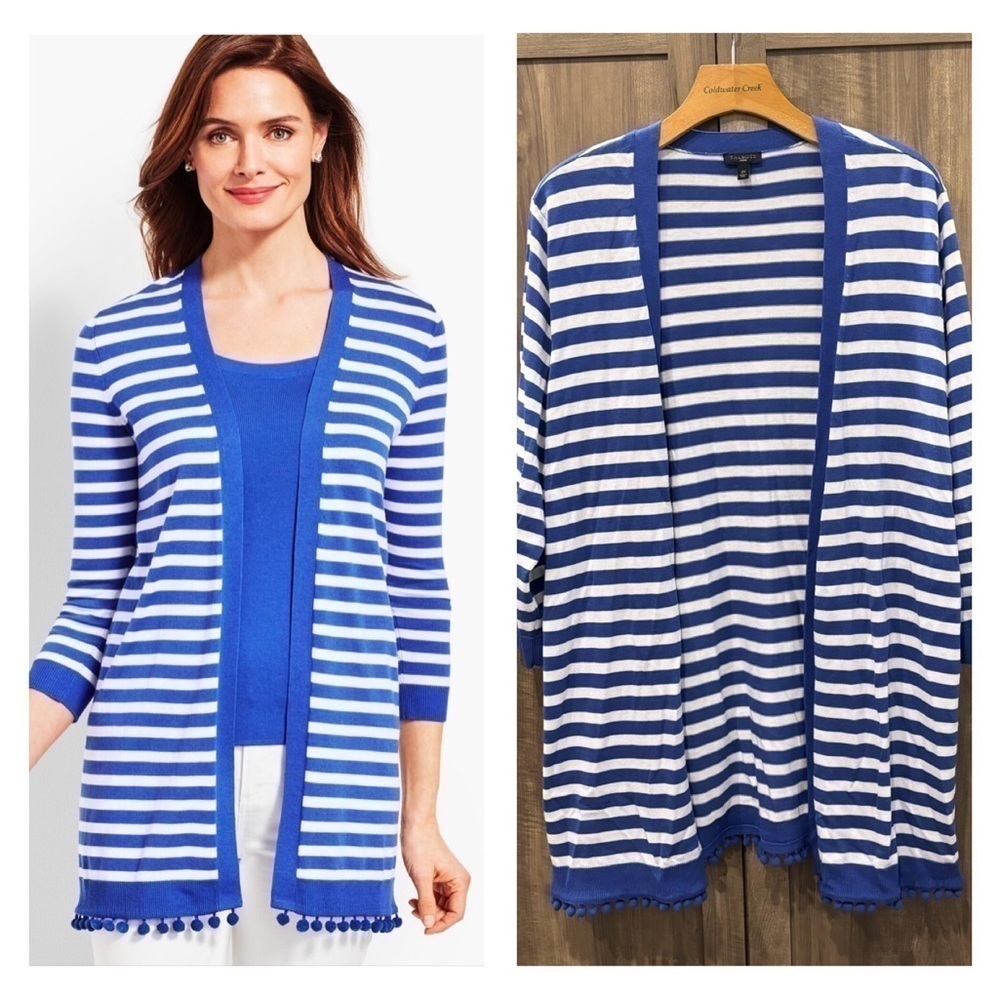 Talbots 2X Natalie Stripe Cardigan Blue White Pom Pom Hem